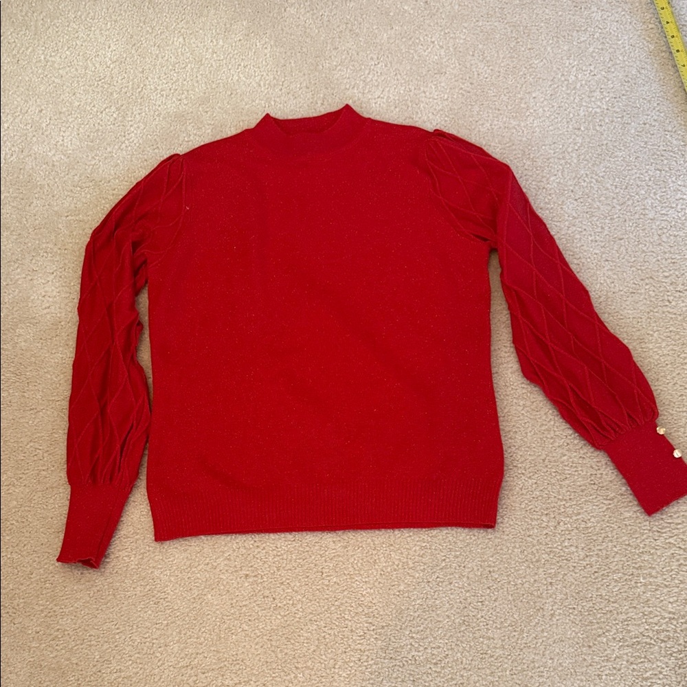 Red Knit Sweater with Textured Sleeves